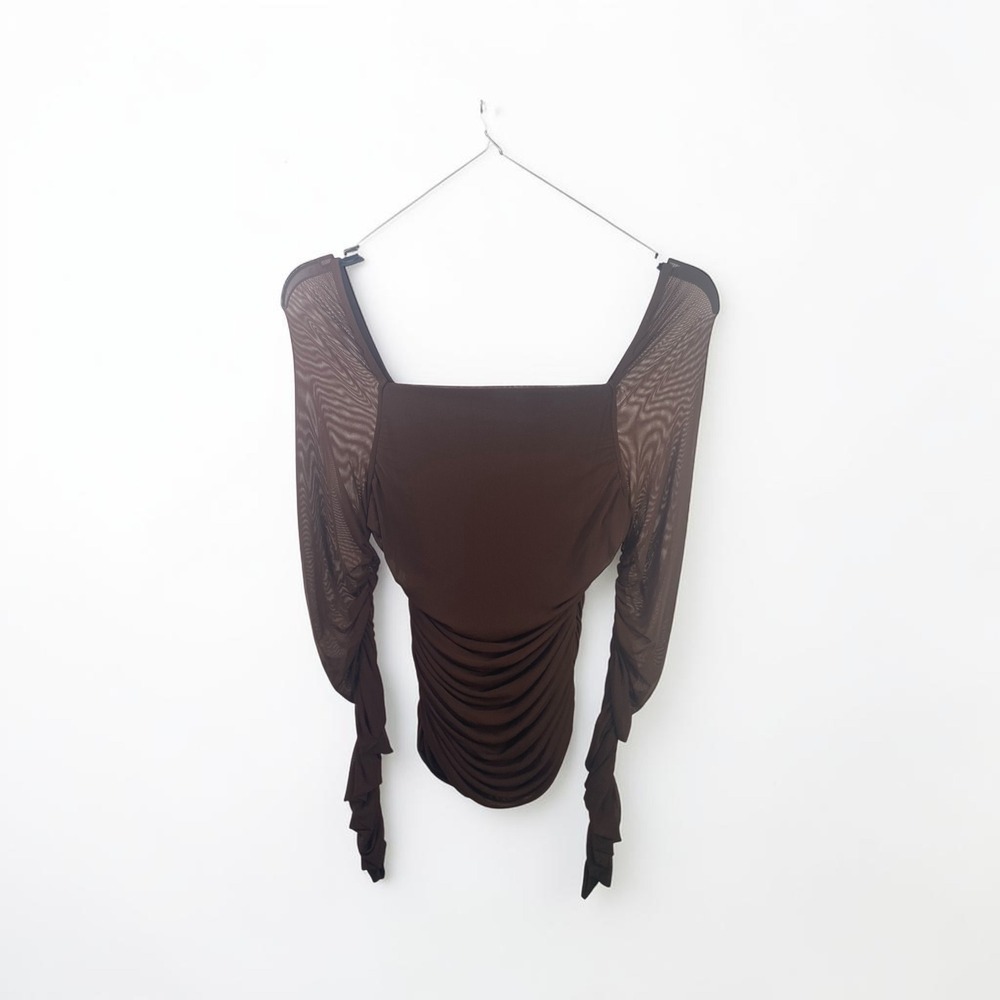Shein Curve Brown Ruched Square Neck Mesh Long Sleeve Top 1XL